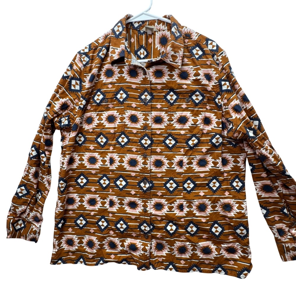 Duluth Trading Co Button Up Women XL Brown Southwestern Aztec Cotton Workwear